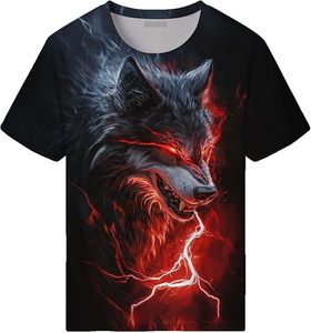Camiseta Negra para Hombre con Estampado de Lobo, Manga Corta, Cuello Redondo, Corte Holgado, Impresión Digital, Estilo Casual, 100% Algodón Ecológico - Product Image 1