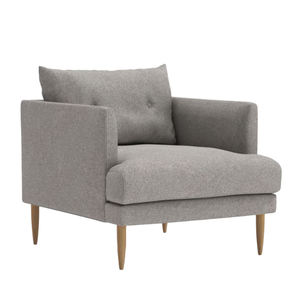 Grey upholstered single accent chair with padded foam, button-tufted backrest, and tapered wooden legs. - Product Image 2
