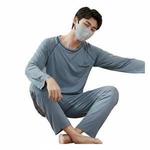 Ensemble de pyjama gris à manches longues pour homme avec poche, en coton doux, vêtements de nuit décontractés, taille élastique, pour le printemps, lavable en machine - Product Image 1