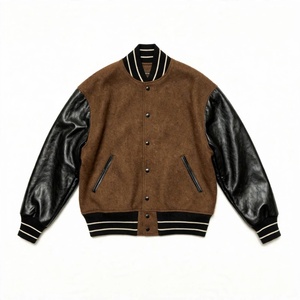 Veste universitaire personnalisée en laine marron avec manches en similicuir noir, fermeture à boutons pression, col et poignets côtelés rayés - Product Image 1