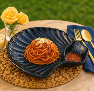 Blue <b>Ceramic</b> Leaf-Shaped Serving <b>Plate</b> With Sauce Compartment Premium Shell Design <b>Ceramic</b> Snack & Pasta Serving <b>Plate</b> - Product Image 3