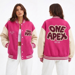 Custom Pink <b>Jacket</b> Women's <b>Letterman</b> <b>Jacket</b> With Cream Sleeves Embroidered Streetwear Bomber <b>Jacket</b> - Product Image 1