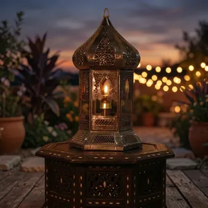 Hexagon <b>Brass</b> <b>Lantern</b> With Intricate Cutouts For Home Decoration Durable Indoor Light Fixture - Product Image 3