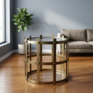 Modern Round <b>Side</b> <b>Table</b> with Tempered <b>Glass</b> Top and Brass Metal Frame Industrial Design Living Room Furniture Decorative - Product Image 4