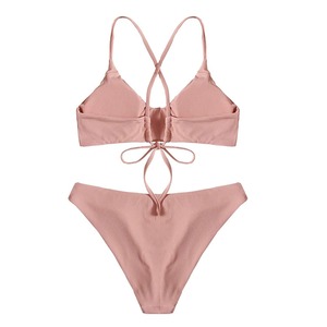 Conjunto de bikini acanalado para mujer, top halter cruzado con tanga con cordón, traje de baño de color liso - Product Image 2