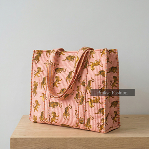 Bolso Tote Grande de Algodón Acolchado con Estampado de Tigre Rosa, Bolso de Hombro para Mujer, Venta al Por Mayor - Product Image 6
