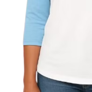 Camiseta de Béisbol para Mujer, Blanca y Azul Claro, con Logotipo Brillante, Manga Raglán Tres Cuartos, Estilo Casual - Product Image 4