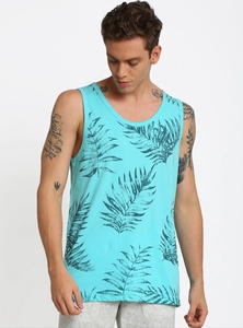 Camiseta sin mangas con estampado tropical azul para hombre, cuello en V, informal, transpirable, de poliéster tejido - Product Image 4