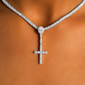 Luxury <b>Iced</b> <b>Out</b> Cross Drop Pendant Necklace | White Gold Christian Cross Necklace | Hip Hop Tennis <b>Chain</b> Jewelry - Product Image 2