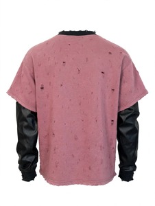 Custom Mauve Rhinestone Cross Long Sleeve Oversized T <b>Shirt</b> Vintage Distressed Layered Leather Sleeves Heavyweight <b>Waffle</b> Fabric - Product Image 5
