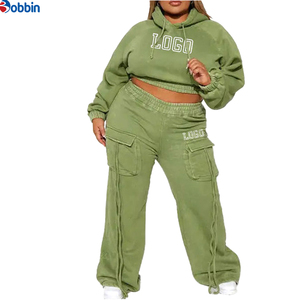 Top Selling Women's Olive Green Tracksuit <b>Set</b> Hooded Full Sleeve Loose Fit Casual Solid Color Cargo Pants Elastic Waist 2 Pcs - Product Image 3