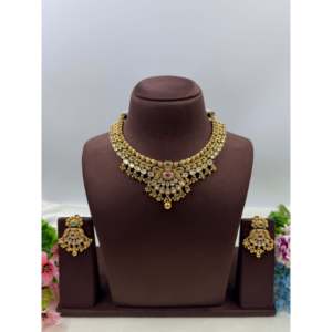 Indian Ethnic Seema Heritage Chorski Gold Plated Zircon Bridal Necklace & Earring Set - Product Image 1