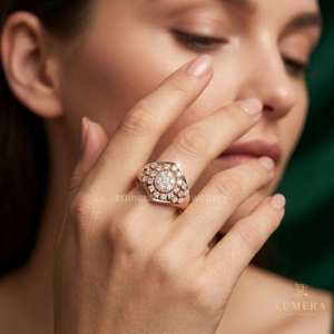 <b>Vintage</b> Inspired Lab Grown Round Diamond Cluster <b>Ring</b> With Layered Halo, Elevated Open Basket Setting And <b>Gold</b> Band <b>Ring</b> - Product Image 4