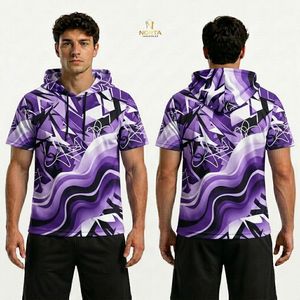 Camiseta Deportiva de Manga Corta con Capucha, Sublimada, Ondulada, en Blanco y Morado, para Hombre, Estilo Urbano, Transpirable y de Secado Rápido - Product Image 1