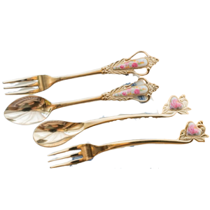 Juego de Cubiertos de Lujo Dorados con Diseño Floral Vintage, Juego de Cubiertos de Acero Inoxidable, Cuchara y Tenedor para Postre, Regalo de Boda - Product Image 1
