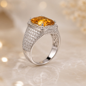 Anillo de Plata de Ley 925 con Topacio Amarillo y Citrino, Corte Cojín, Halo, Banda Ancha, Pavé de Circonita Cúbica, Anillo de Declaración, Joyería, Regalo para Mujer - Product Image 2