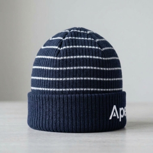 Men's <b>Navy</b> Striped <b>Beanie</b> Hat Knit Cuffed Winter Cap Unisex Streetwear Skull Cap Custom Logo Wholesale Fashion Accessory - Product Image 2