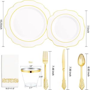 Set di 175 Pezzi di Stoviglie in Plastica Bianca e Oro per Feste, Include 25 Piatti Piani, 25 Piatti da Dessert e 75 Posate in Plastica Dorata - Product Image 3