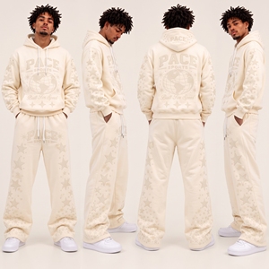 mens retro <b>emerald</b> <b>green</b> tracksuit allover star pattern puff print hooded pullover wide leg flare sweat pants heavy fleece set - Product Image 5