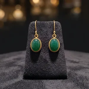 ต่างหูทองเหลืองประดับหยกเขียวธรรมชาติ งานแฮนด์เมด ขายส่ง - Product Image 3