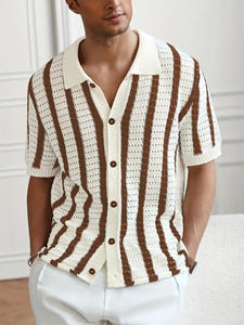 Camisa Casual de Hombre para Primavera/Verano, Manga Corta, Corte Regular, Logotipo Frontal, Rayas, Antiarrugas, Transpirable, 100% Poliéster - Product Image 5