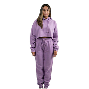 Custom OEM Lady Cropped <b>Fleece</b> Hoodie with Pants <b>Jogger</b> Running 2 Piece Set Spring <b>Woman</b> Two Pcs Fashion Casual - Product Image 1