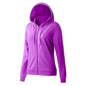 Sudadera con capucha de algodón tejido de color liso morado para mujer, con cremallera completa, corte regular, para otoño, bordado personalizado - Product Image 1