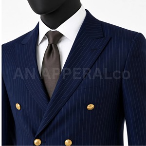 Blazer à double boutonnage rayé bleu marine fait main pour homme |   Veste de costume à boutons dorés |   Manteau de cérémonie pour mariage, affaires ou bal de promo - Product Image 5