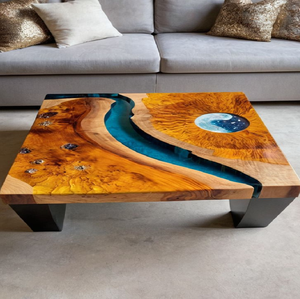 Table basse en résine Pebble and Blue River avec structure en bois massif et finition brillante pour la décoration intérieure, disponible au prix de gros - Product Image 5