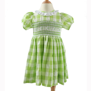 Smocked Children Clothing Girls <b>Dresses</b> For Baby Custom Design With <b>Gingham</b> <b>Green</b> Cotton Fabric Short Sleeve From Vietnam - Product Image 1