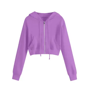 Sweat-shirt à capuche court pour femme, couleur unie, tricoté, à manches longues, avec fermeture éclair, style automne - Product Image 1