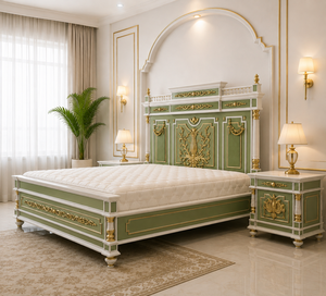 Roman Inspired Hand Carved Bedroom Suite Luxury Hand Carved Solid Teak Wood Bedroom Furniture <b>Set</b> with Sage Green & Gold Finish - Product Image 2
