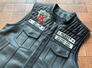 Custom Men's Genuine Leather Biker Vest with Quilted Shoulders and Red Stitching - Product Image 2