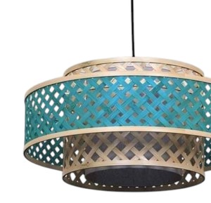 Lustre suspendu en bambou tressé à la main de style nordique, luminaire multi-niveaux couleur sarcelle, en fibres naturelles pour la maison - Product Image 4