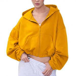 Sudadera con Capucha Oversize Corta con Cremallera, Manga Murciélago, Diseño de Bolsillo de Color Liso, Unisex, de Felpa Francesa, para Otoño - Product Image 4