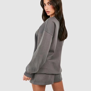 Conjunto de Sudadera Oversize de 2 Piezas para Mujer, Gris, Felpa, Cuello Redondo, Manga Larga, Casual, Corte Regular, para Todas las Temporadas, Color Sólido - Product Image 3