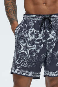 Shorts de bain pour hommes avec imprimé corail, tissu à séchage rapide, taille élastique avec cordon de serrage, style prêt pour la plage et tenue décontractée - Product Image 2