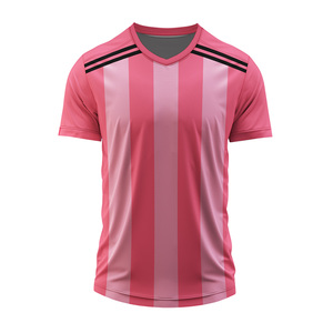 Camiseta de Fútbol a Rayas Rosas para Hombre, Cuello en V, Manga Corta, Poliéster que Absorbe la Humedad, Ropa Deportiva, Corte Regular, Todas las Temporadas - Product Image 1