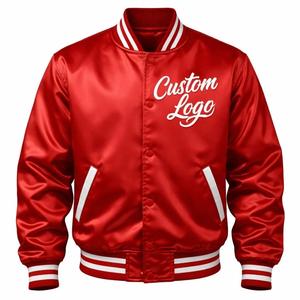 Blouson universitaire d'hiver en satin rouge à col montant, personnalisable avec nom et logo sur le devant, style Letterman Bomber - Product Image 1