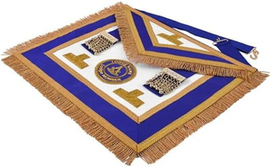 Custom Embroidered Leather V-Neck Masonic Apron Safety <b>Pin</b> Blue Gold Fringe Lodge Badge <b>Sew</b>-On Classical Style Garment - Product Image 2