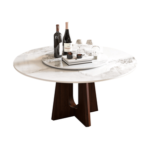 Tavolo da Pranzo Rotondo Moderno in Marmo da 150 cm con Base in Legno Massello di Noce, Design a Croce Robusto per 6-8 Persone, in Pietra Sinterizzata - Product Image 1