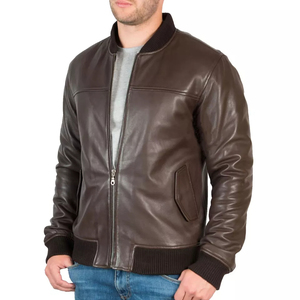 Unisex <b>Brown</b> Sheep Skin <b>Leather</b> Bomber <b>Jacket</b> Stand Zipper Closure Regular Fit Winter Wear Canvas Front Anti-Bacterial Windproof - Product Image 5