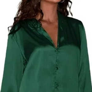 Custom High Quality Women's Elegant Sleepwear Set Breathable Satin <b>Pyjamas</b> 2pcs Long Sleeves Turn Collar Elastic Waist Closure - Product Image 3