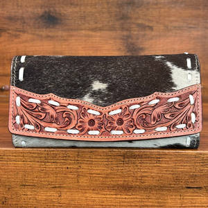 Cartera de tres pliegues multifunción de cuero mecanizado a mano a la moda para mujer, Cartera de mano de piel de vaca de gran capacidad, cartera para tarjetas de crédito - Product Image 2