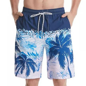 Short de bain décontracté pour homme, imprimé palmiers bleus, séchage rapide, taille à cordon de serrage, longueur Bermuda, taille mi-haute, en polyester tissé - Product Image 1