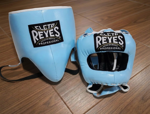 Kit de gants de boxe en cuir de vache véritable de style mexicain personnalisé, avec protège-nez / protège-joue, protège-tête et protège-glandes, bleu ciel - Product Image 6