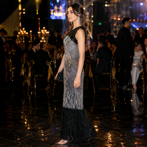 Luxury Black <b>Silver</b> Sequin Evening Gown Sleeveless Round Neck Fringe Hem Formal Party Cocktail Maxi <b>Dress</b> Elegant Glamorous Wear - Product Image 3