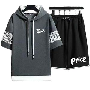 Sudadera con capucha deportiva informal para hombre, camisetas de estilo Harajuku de calle alta de verano, pantalones cortos con patrón sólido, conjunto de 2 piezas - Product Image 1