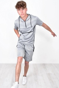 New Arrival <b>Men</b> Hooded <b>Short</b> Sleeve <b>T</b>-<b>Shirt</b> <b>Set</b> Color Blocking <b>Design</b> Quick Dry Sporty Style Summer 100% Polyester <b>Shorts</b> <b>Set</b> - Product Image 2