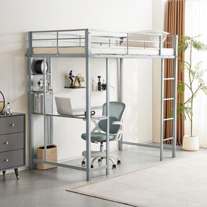 Lit mezzanine en métal taille double pour adolescents et jeunes adultes avec 2 échelles, barrières de sécurité et bureau intégré avec étagères de rangement - Product Image 6